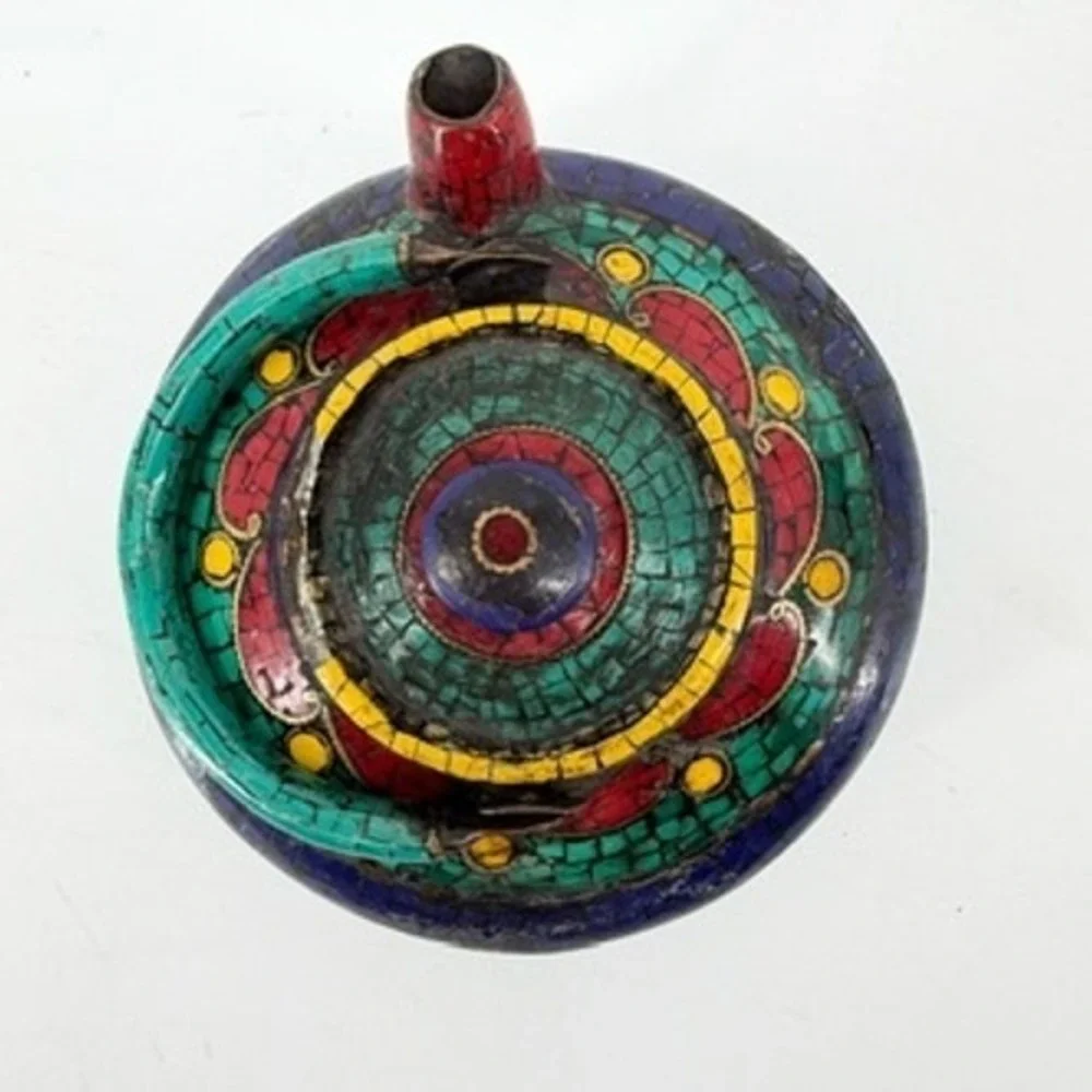 Vintage Tibetan Style Metal Teapot Turquoise Lapis Mosaic Inlay Decorative Pot